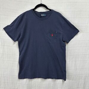 VTG Polo Ralph Lauren Pocket T-Shirt Mens S/M Navy Blue Single Stitch Red Pony